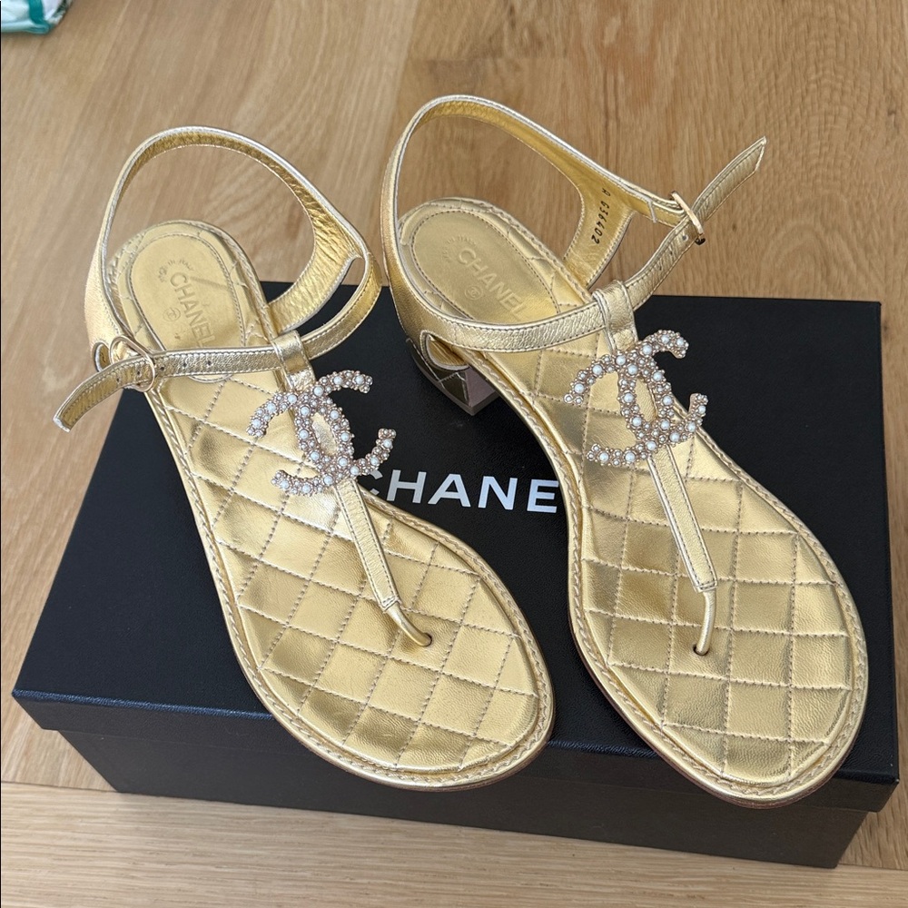 CHANEL Gold Quilted Pearl CC Thong Sandals